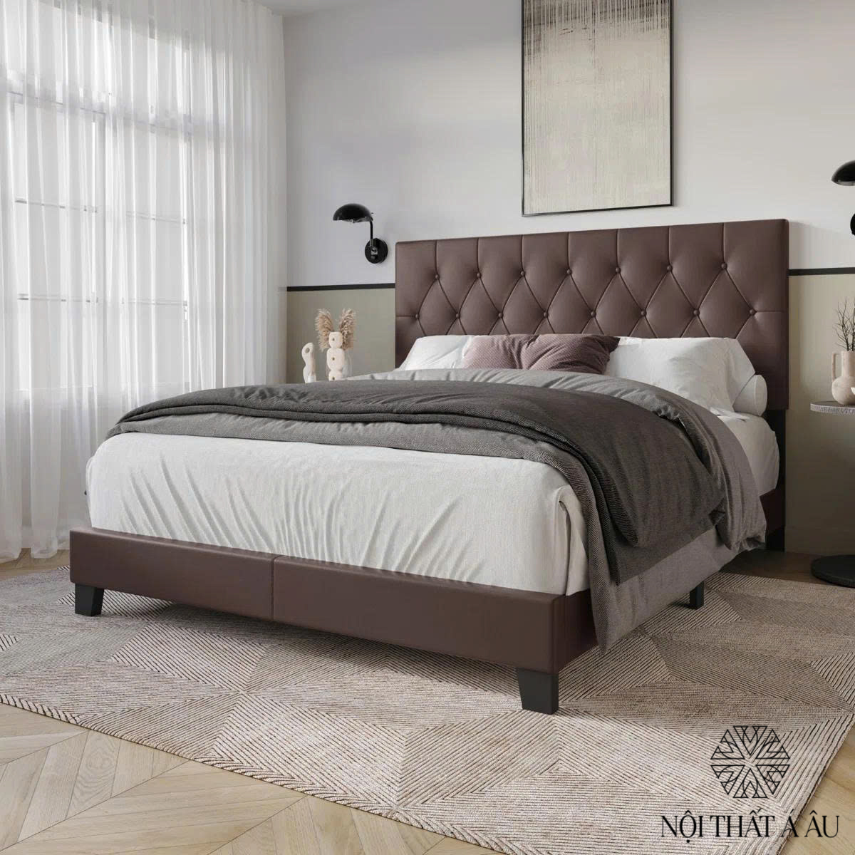 Giường Nệm Kiểu Cổ Điển Màu Nâu