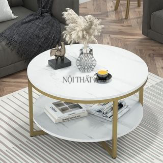 Round Coffee Table 2-Tier Coffee Table Modern Faux Marble Tabletop with Gold Metal Legs Open Storage Shelf for Living Room - Bed Bath & Beyond - 34748379