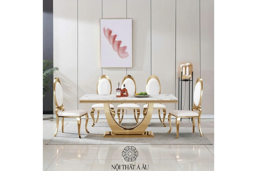 Bàn Ăn Mặt Đá Chân Kim Loại Mạ Vàng T122