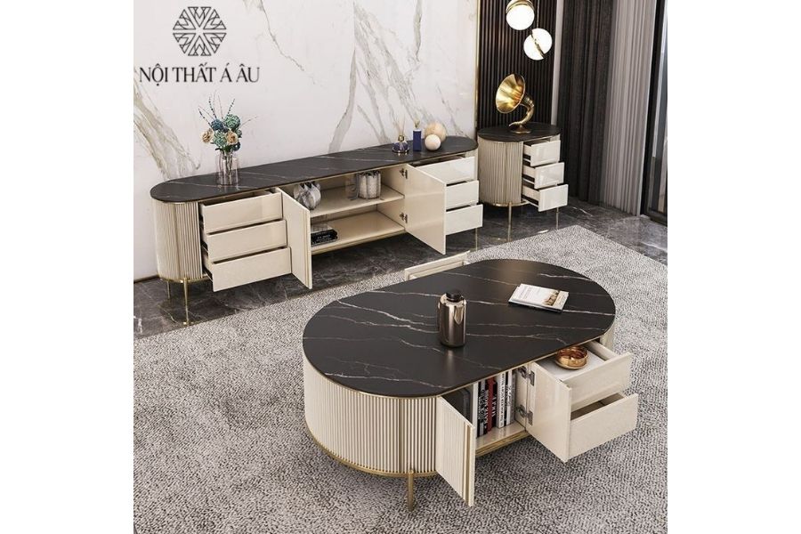 Bàn Trà Kim Loại Mạ Vàng Kết Hợp Mặt Đá