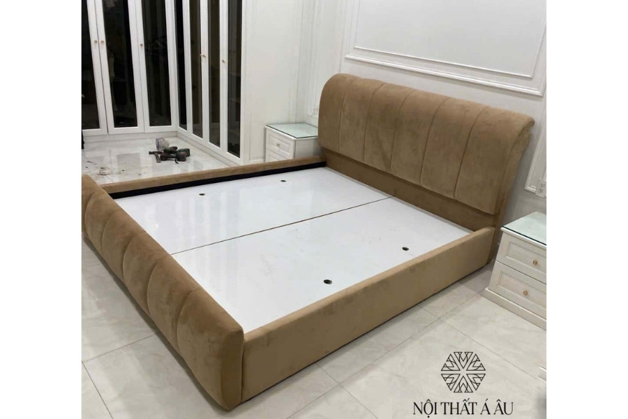 Giường Đơn Giản Màu Nâu Bọc Vải Nhung