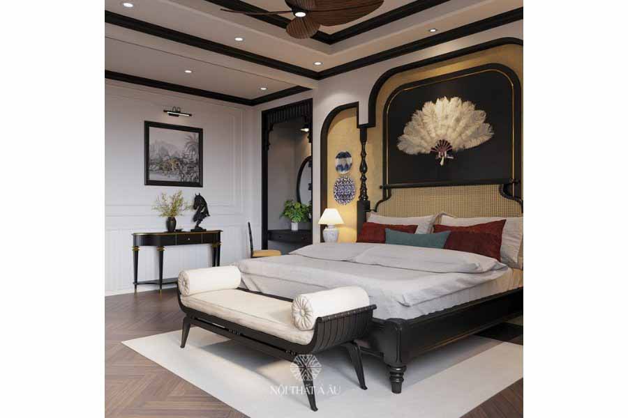 Giường Indochine Kết Hợp Đan Mây Sang Trọng