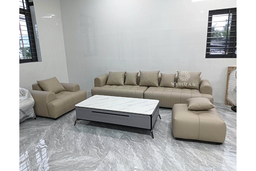 Sofa Băng Kèm Đôn Và Ghế Đơn Bọc Da
