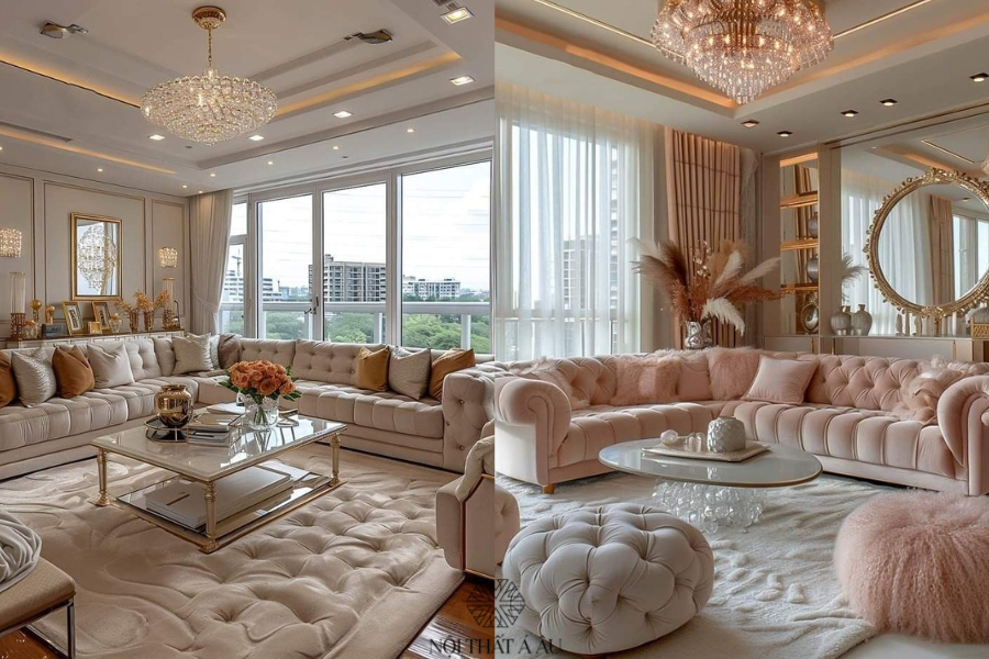 Sofa Tân Cổ Điển Góc L Bọc Nhung Sang Trọng