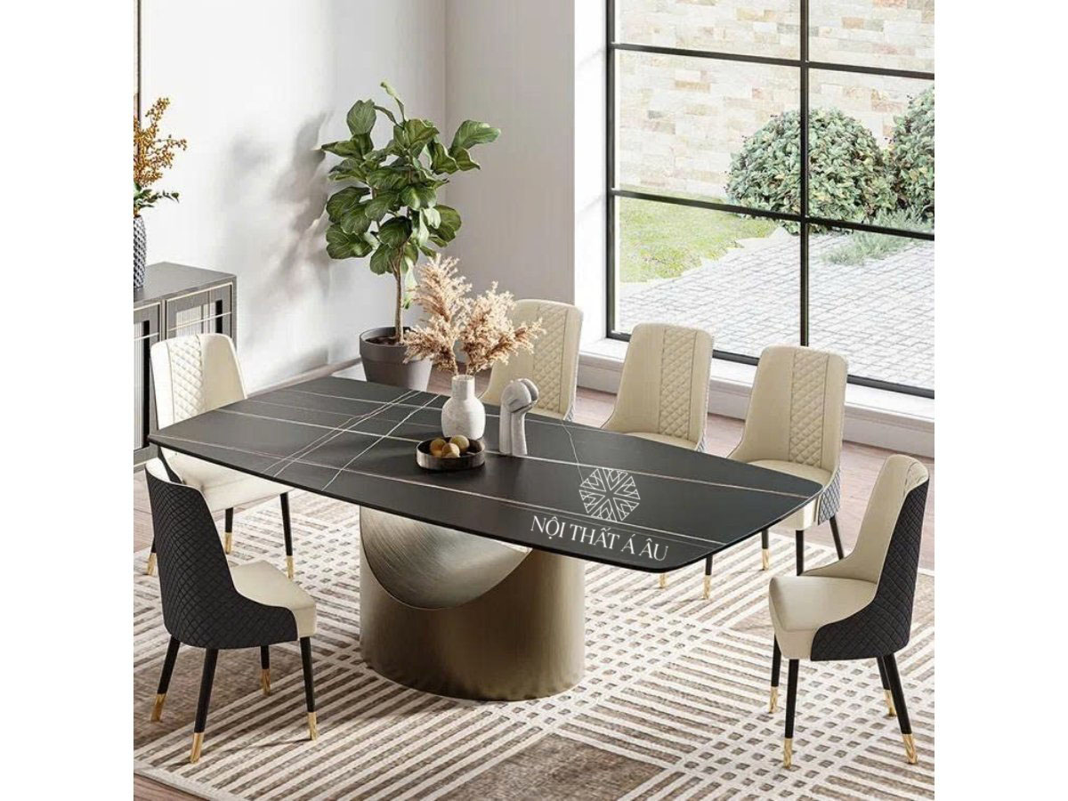 Bàn Ăn Dài Hình Chữ Nhật Chân Sắt Mạ Vàng